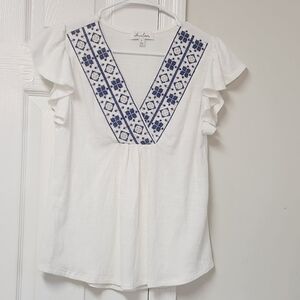 White and Blue Floral Embroidered Blouse